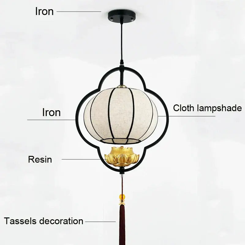 Chinese teahouse lantern chandelier – dining room lotus fabric lamp