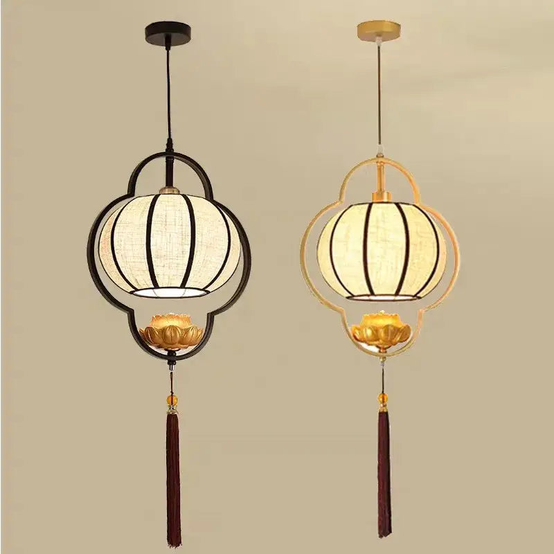 Chinese teahouse lantern chandelier – dining room lotus fabric lamp