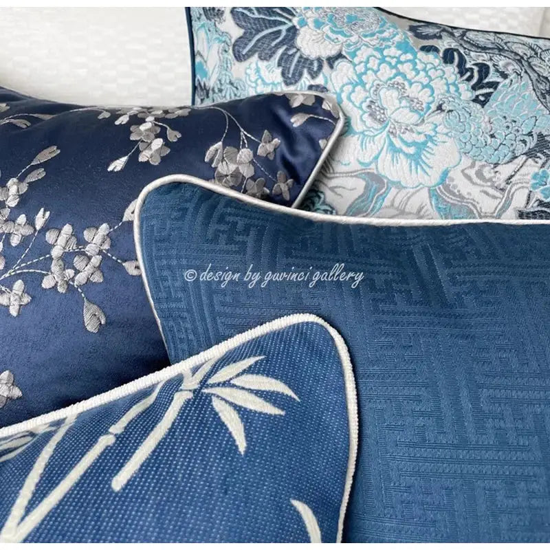 Chinoiserie blue peony floral cushion cover living room decor