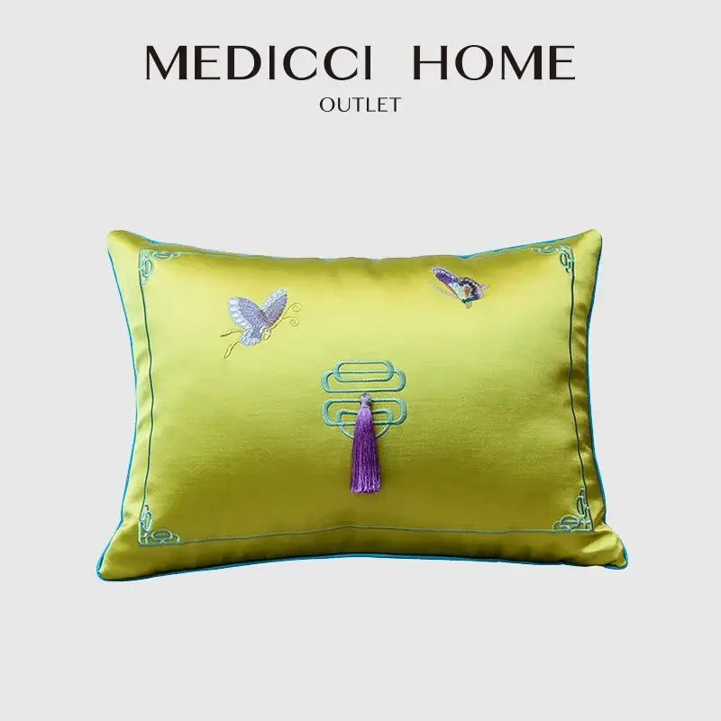 Yellow chinoiserie butterfly embroidered cushion cover living room
