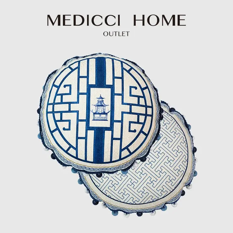 Traditional chinese pavilion blue & white circular throw pillow covers bedroom tassel trim