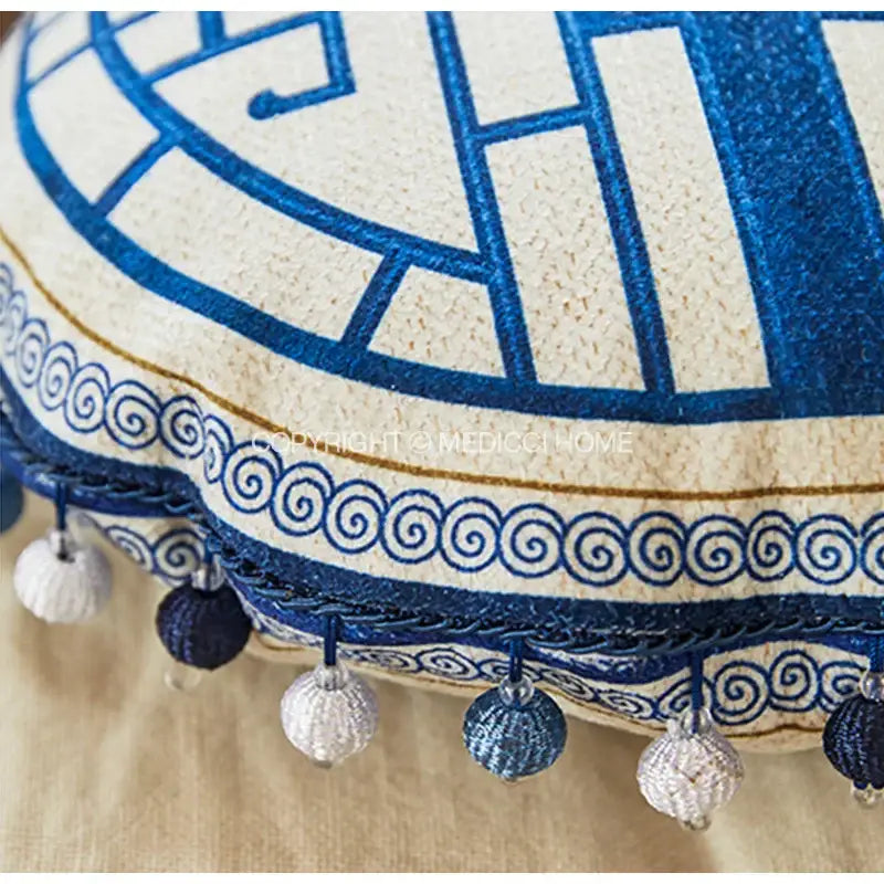 Traditional chinese pavilion blue & white circular throw pillow covers bedroom tassel trim