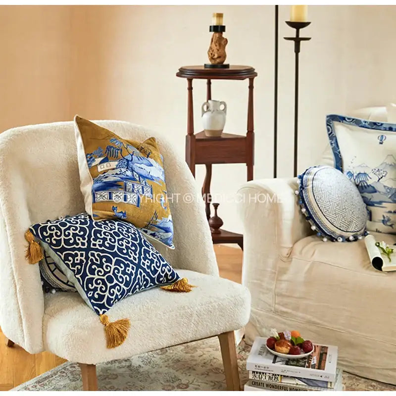 Traditional chinese pavilion blue & white circular throw pillow covers bedroom tassel trim