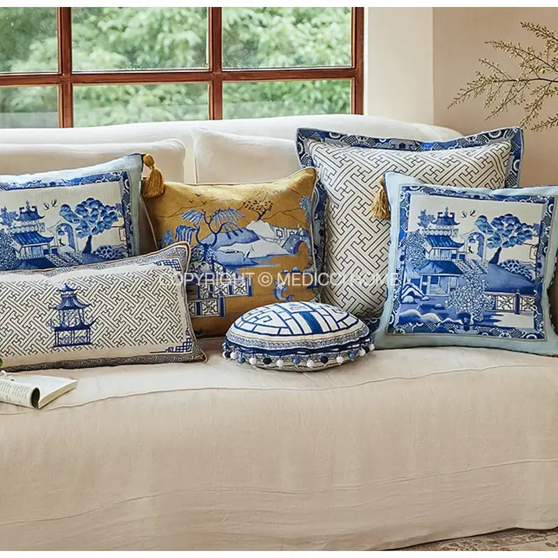 Traditional chinese pavilion blue & white circular throw pillow covers bedroom tassel trim