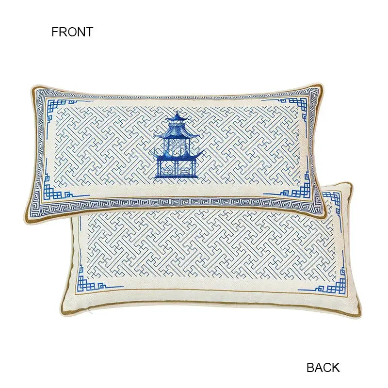 Traditional chinese pavilion blue & white circular throw pillow covers bedroom tassel trim