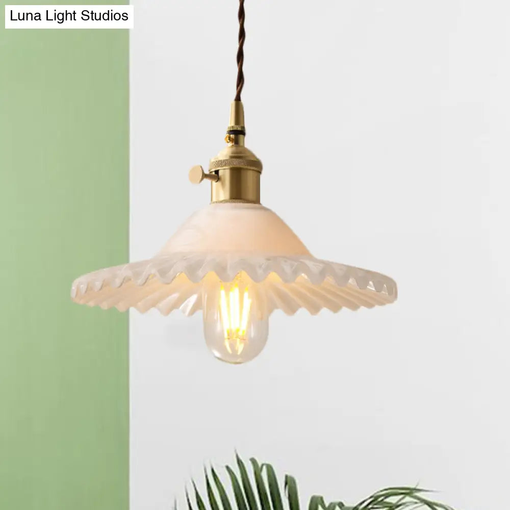 DecorBites™ Chloe - Scalloped Pendant Light: Industrial Brass & White Glass