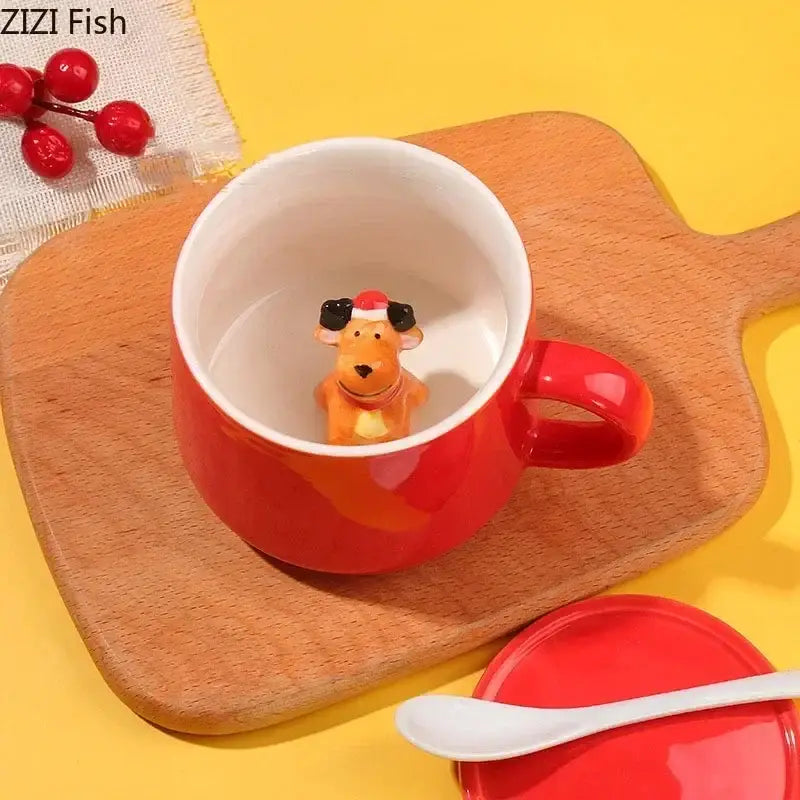 Red and white christmas animals ceramic mug set dining room figurines