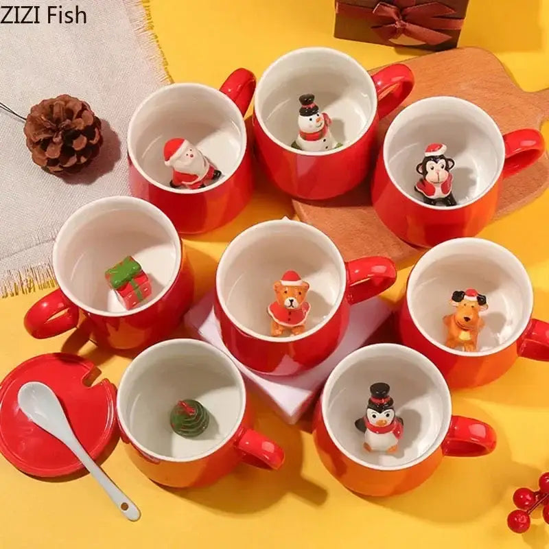 Red and white christmas animals ceramic mug set dining room figurines