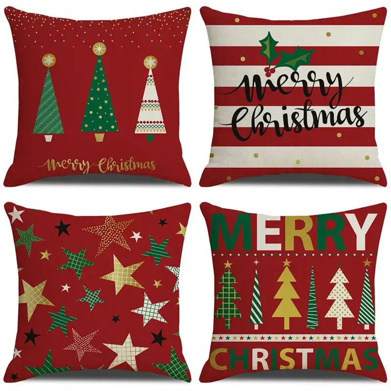 Festive reindeer linen cushion cover set cream & green living room