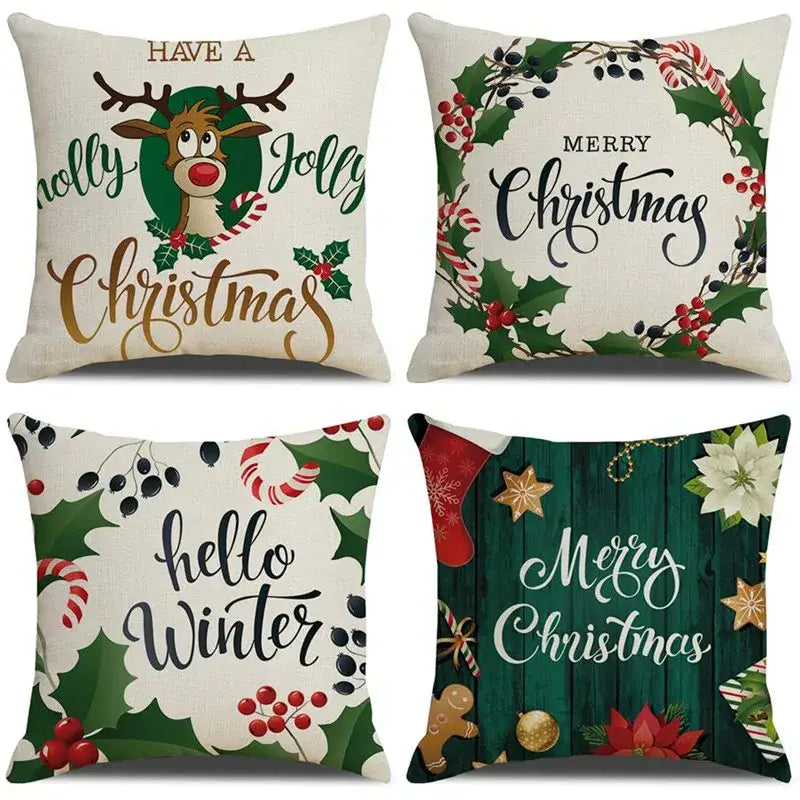Festive reindeer linen cushion cover set cream & green living room