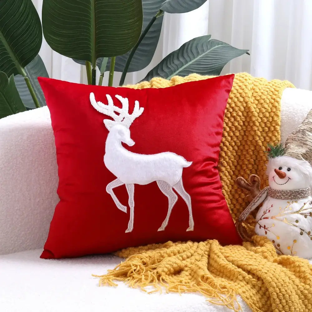Red and white christmas elk embroidered pillow cover living room decor