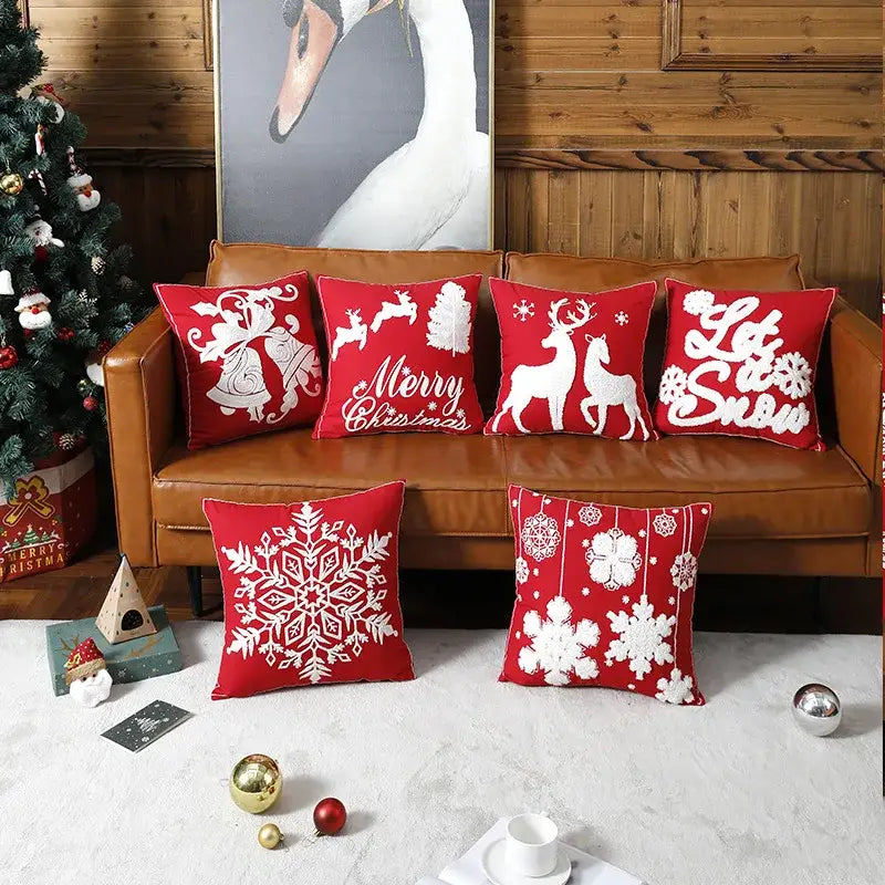Red and white christmas embroidered cotton pillow covers living room
