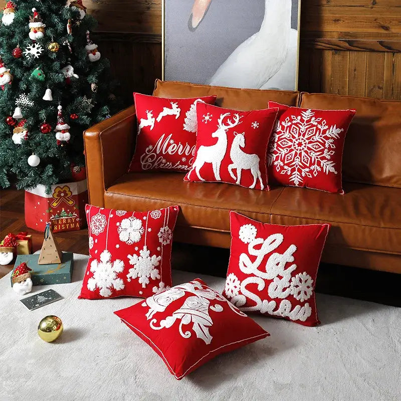 Red and white christmas embroidered cotton pillow covers living room