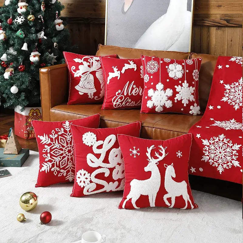 Red and white christmas embroidered cotton pillow covers living room