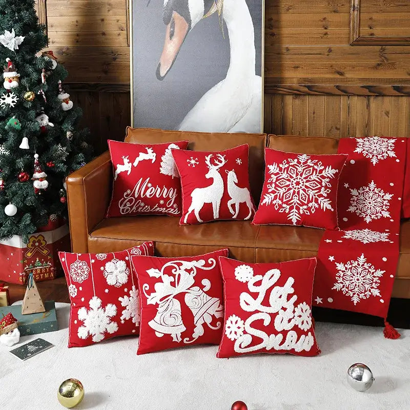 Red and white christmas embroidered cotton pillow covers living room