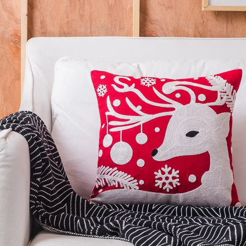 Red and white christmas embroidered cotton pillow covers living room
