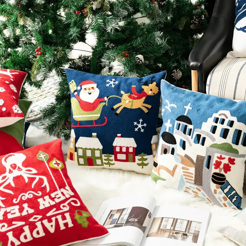 Blue santa sleigh embroidered pillow cover living room decor
