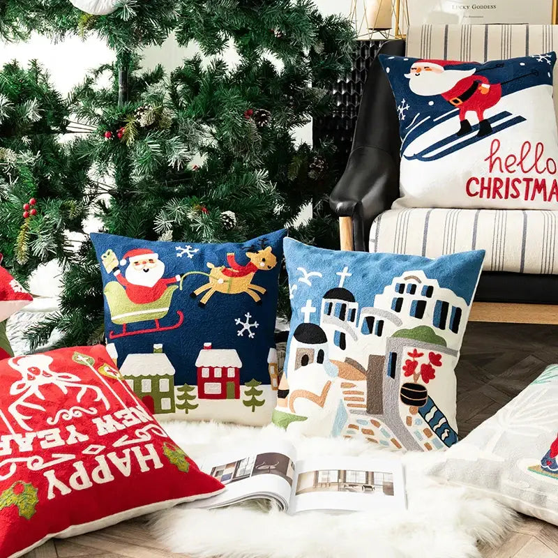 Blue santa sleigh embroidered pillow cover living room decor