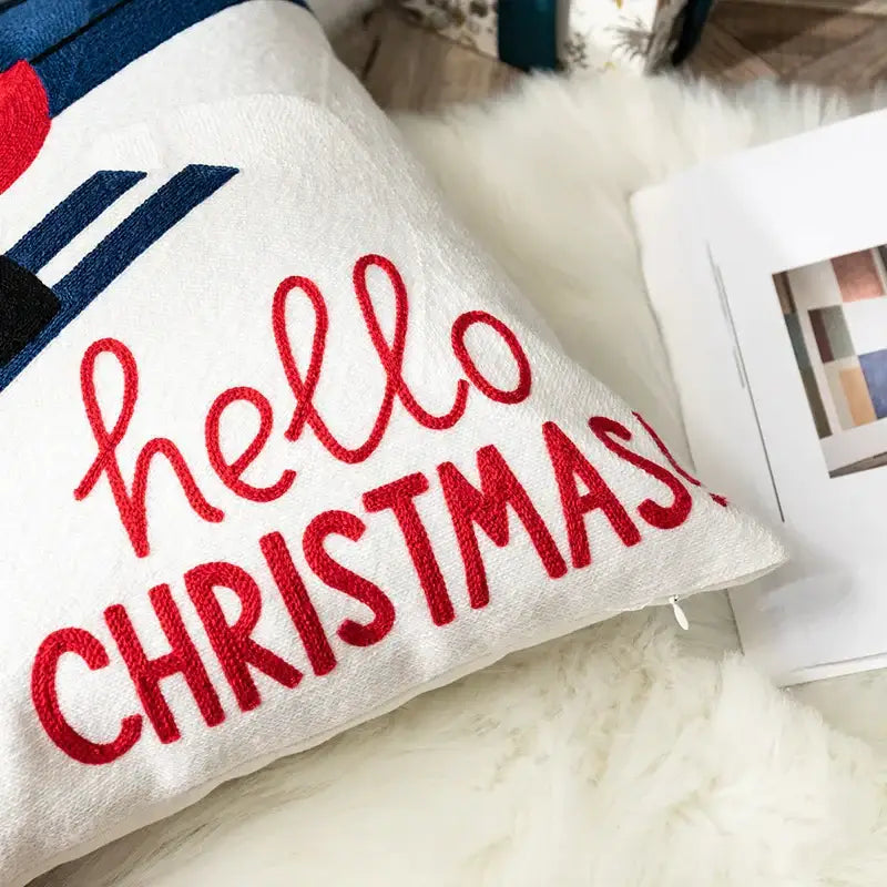 Blue santa sleigh embroidered pillow cover living room decor