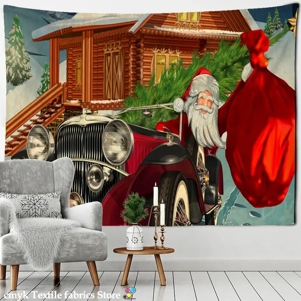 Festive winter village fireplace tapestry wall hanging living room