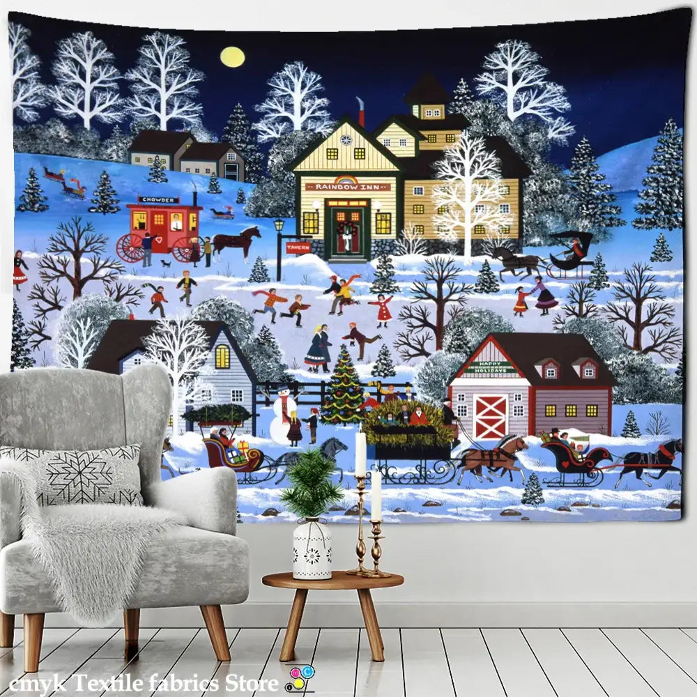 Festive winter village fireplace tapestry wall hanging living room