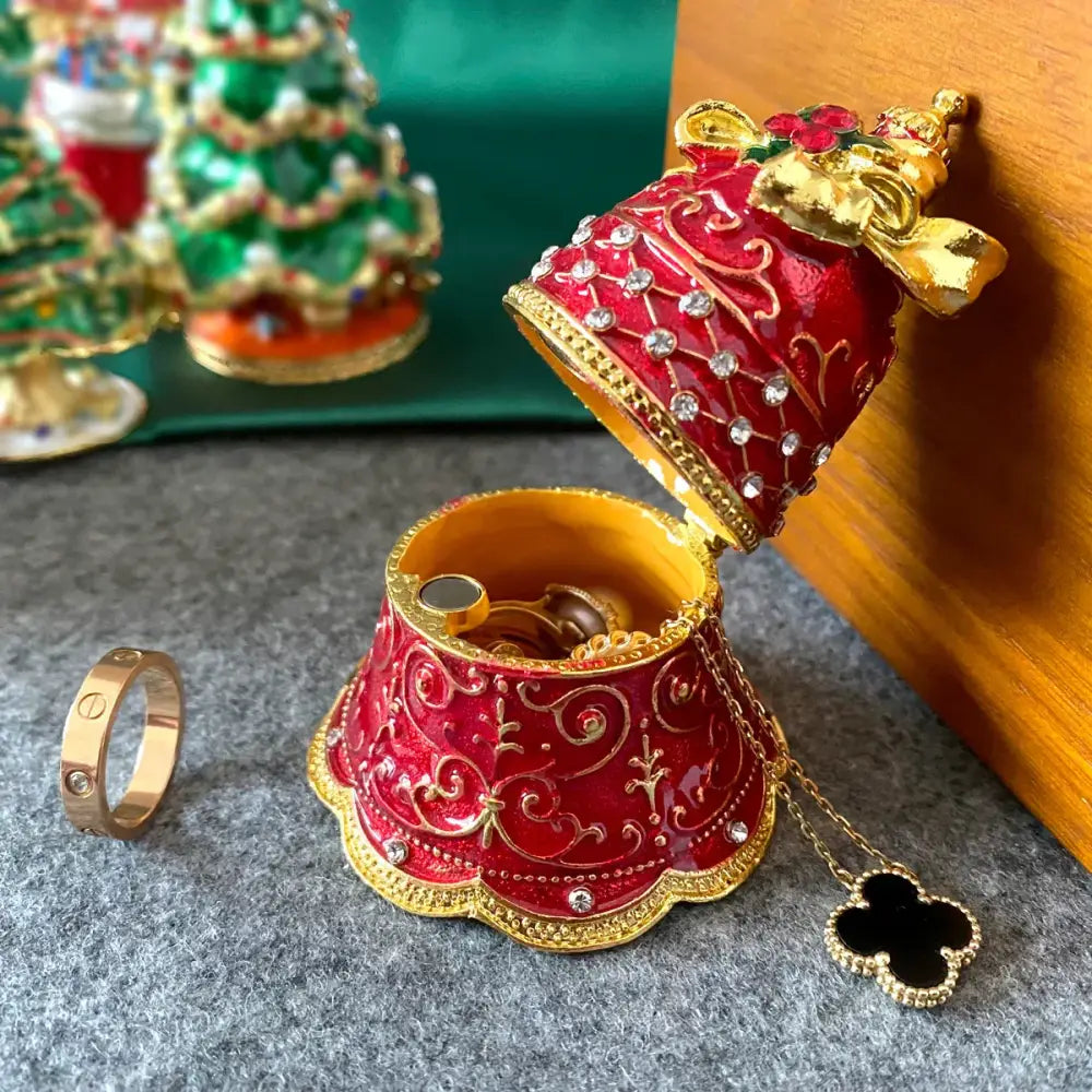 Festive red & gold enamel christmas jingle bell trinket box dining room