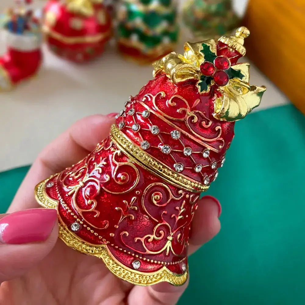 Festive red & gold enamel christmas jingle bell trinket box dining room