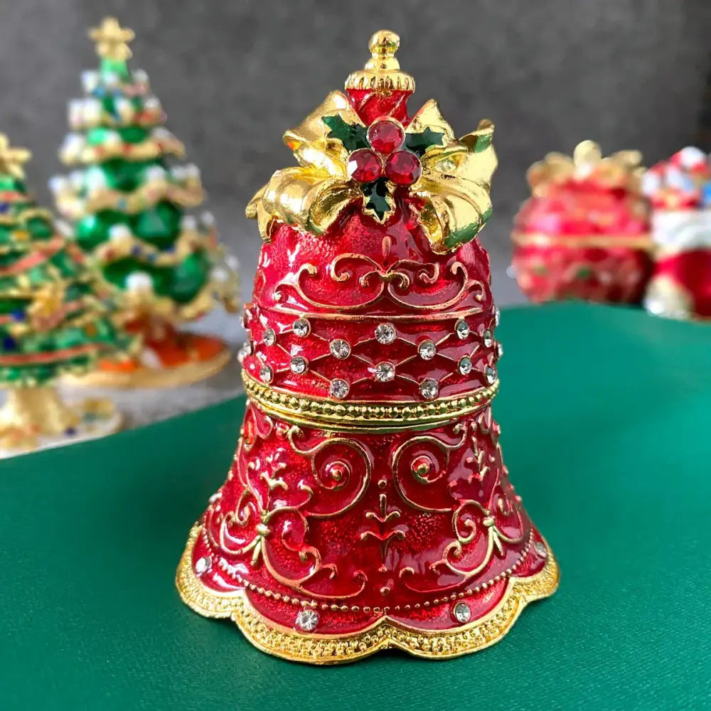 Festive red & gold enamel christmas jingle bell trinket box dining room