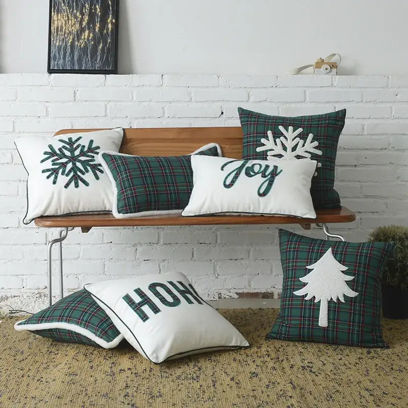 Green & white letter embroidery plaid cushion set living room decor