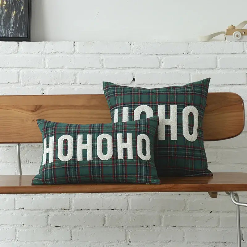 Green & white letter embroidery plaid cushion set living room decor
