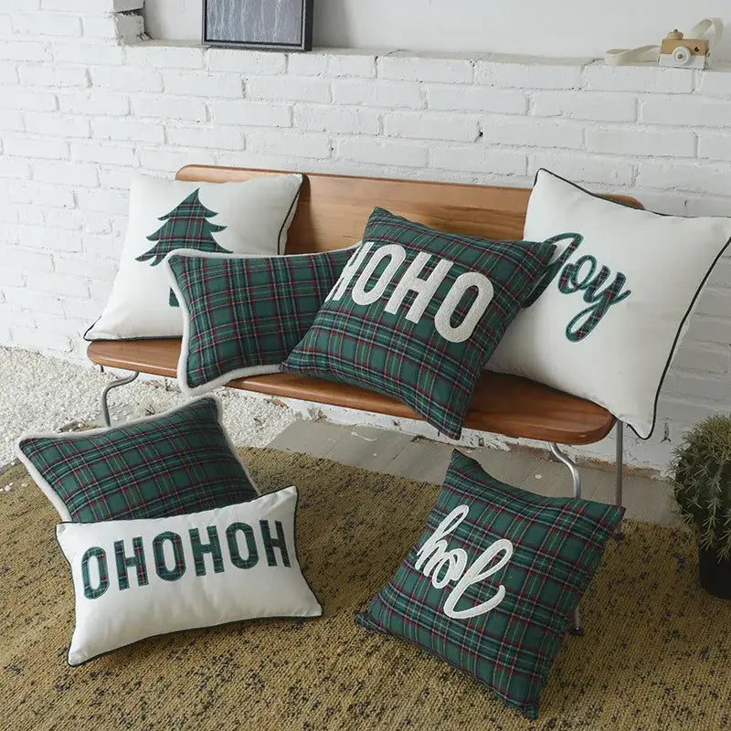 Green & white letter embroidery plaid cushion set living room decor