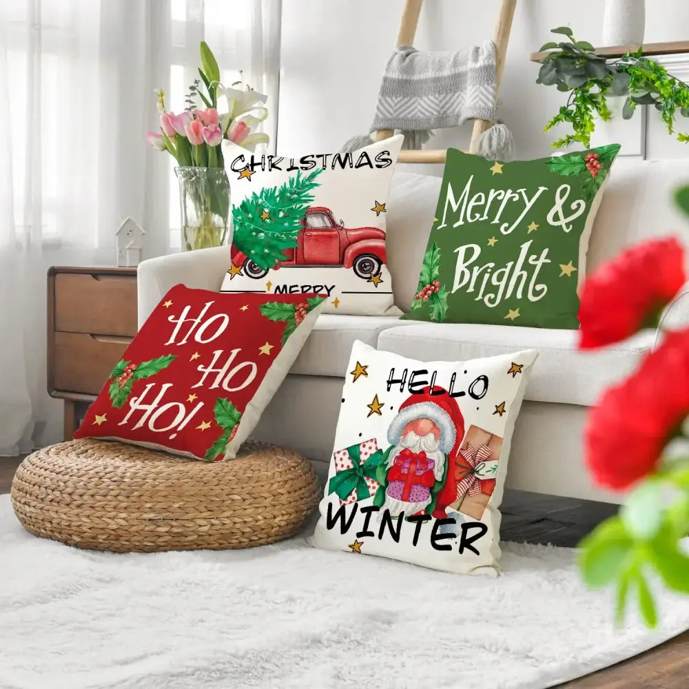 Festive christmas linen decorative pillows for living room set of 4