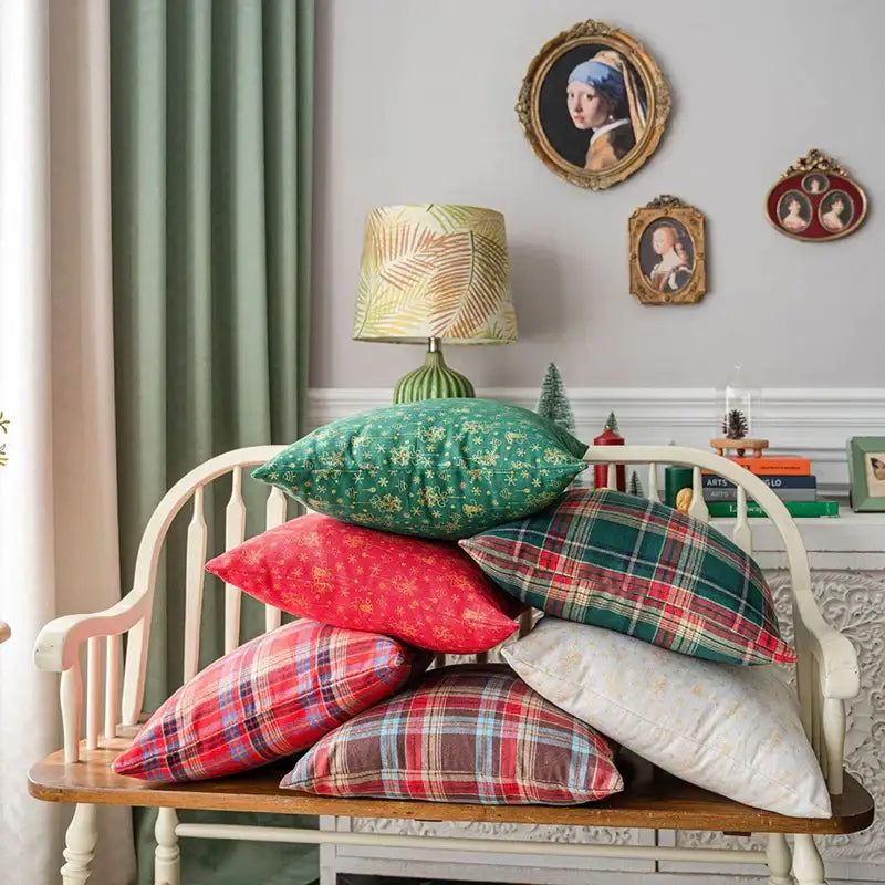 Festive plaid cushion cover with gold snowflakes living room decor