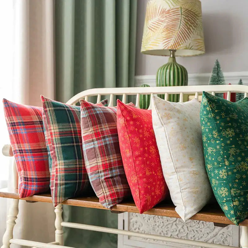 Festive plaid cushion cover with gold snowflakes living room decor