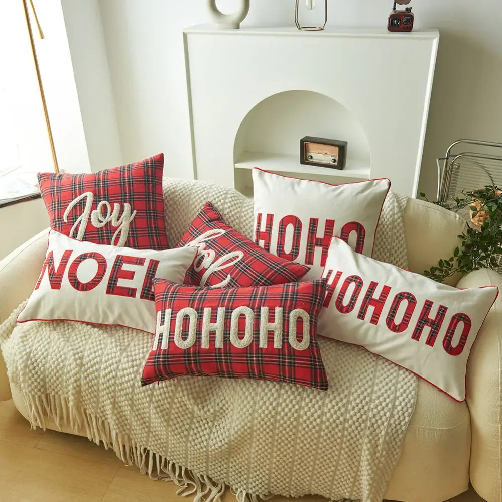 Christmas plaid print pillow case set red & white living room decor