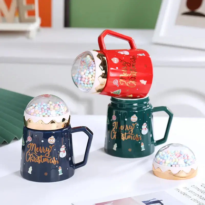 Red and green christmas planet ceramic mug with spoon kitchen gift