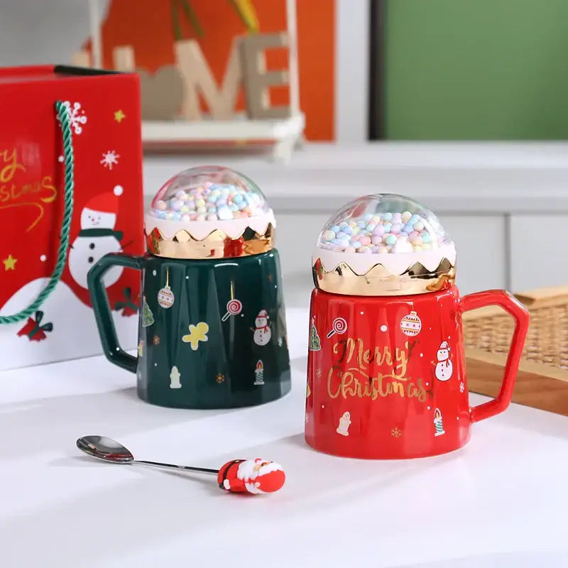 Red and green christmas planet ceramic mug with spoon kitchen gift