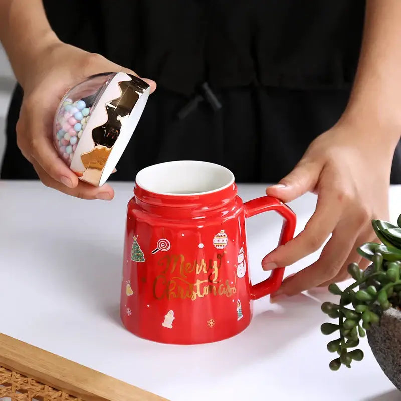 Red and green christmas planet ceramic mug with spoon kitchen gift