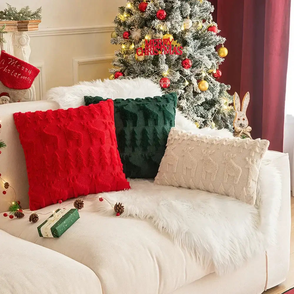 Red and green floral christmas plush pillow case set living room