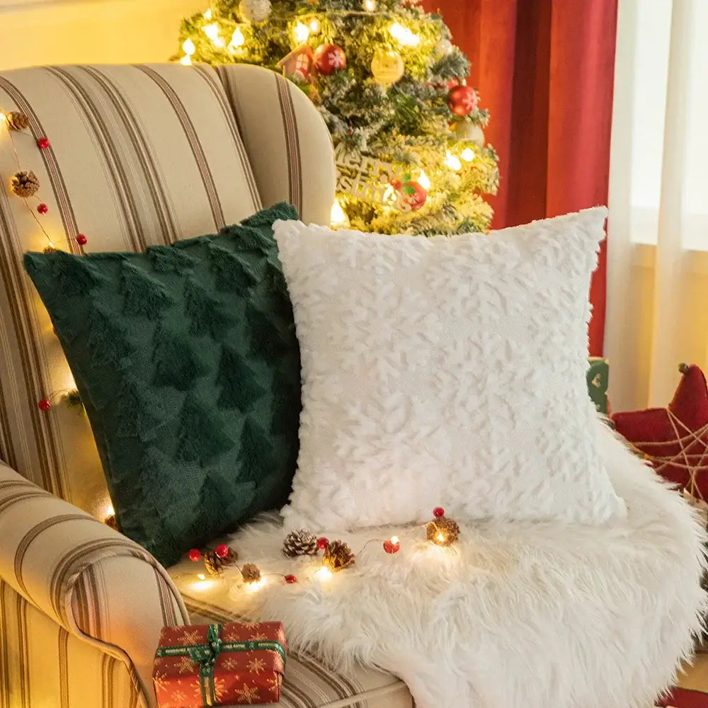 Red and green floral christmas plush pillow case set living room