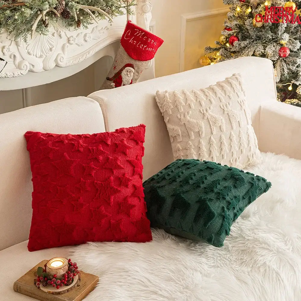 Red and green floral christmas plush pillow case set living room