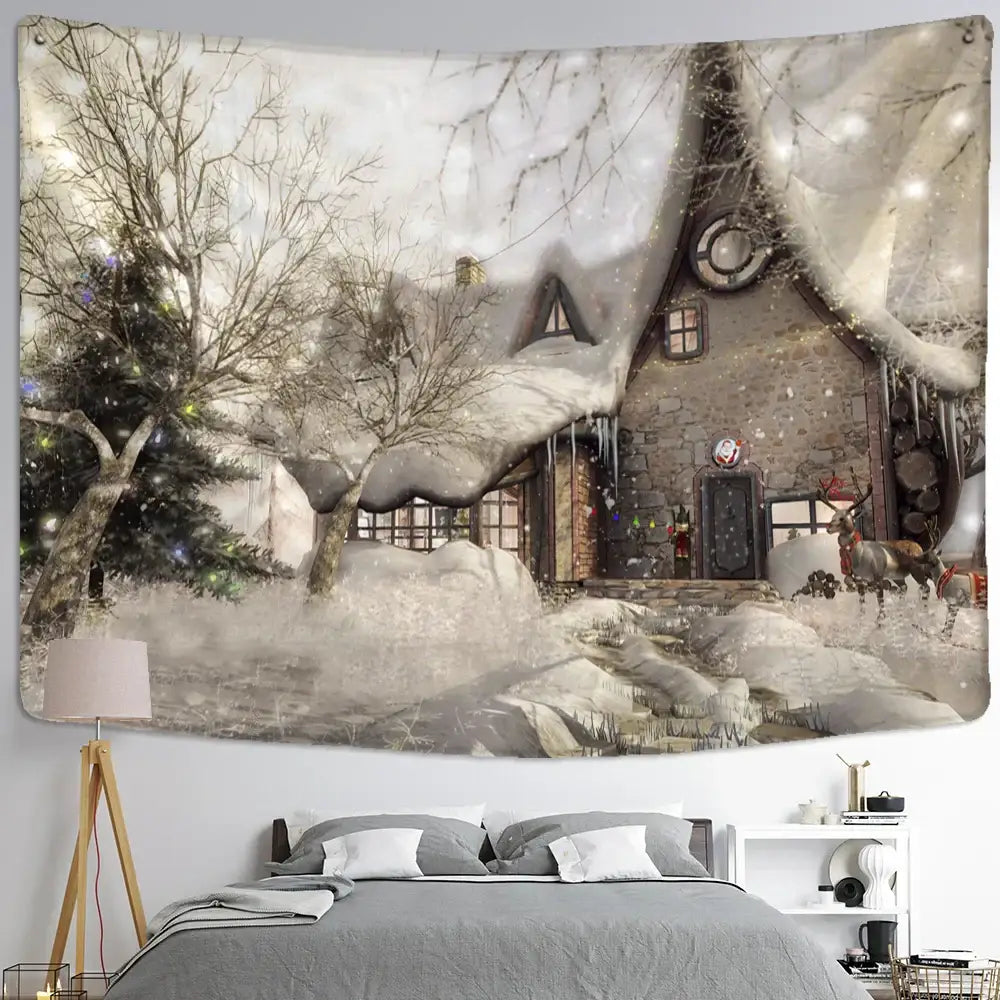 Christmas snow house tapestry – living room landscape wall art