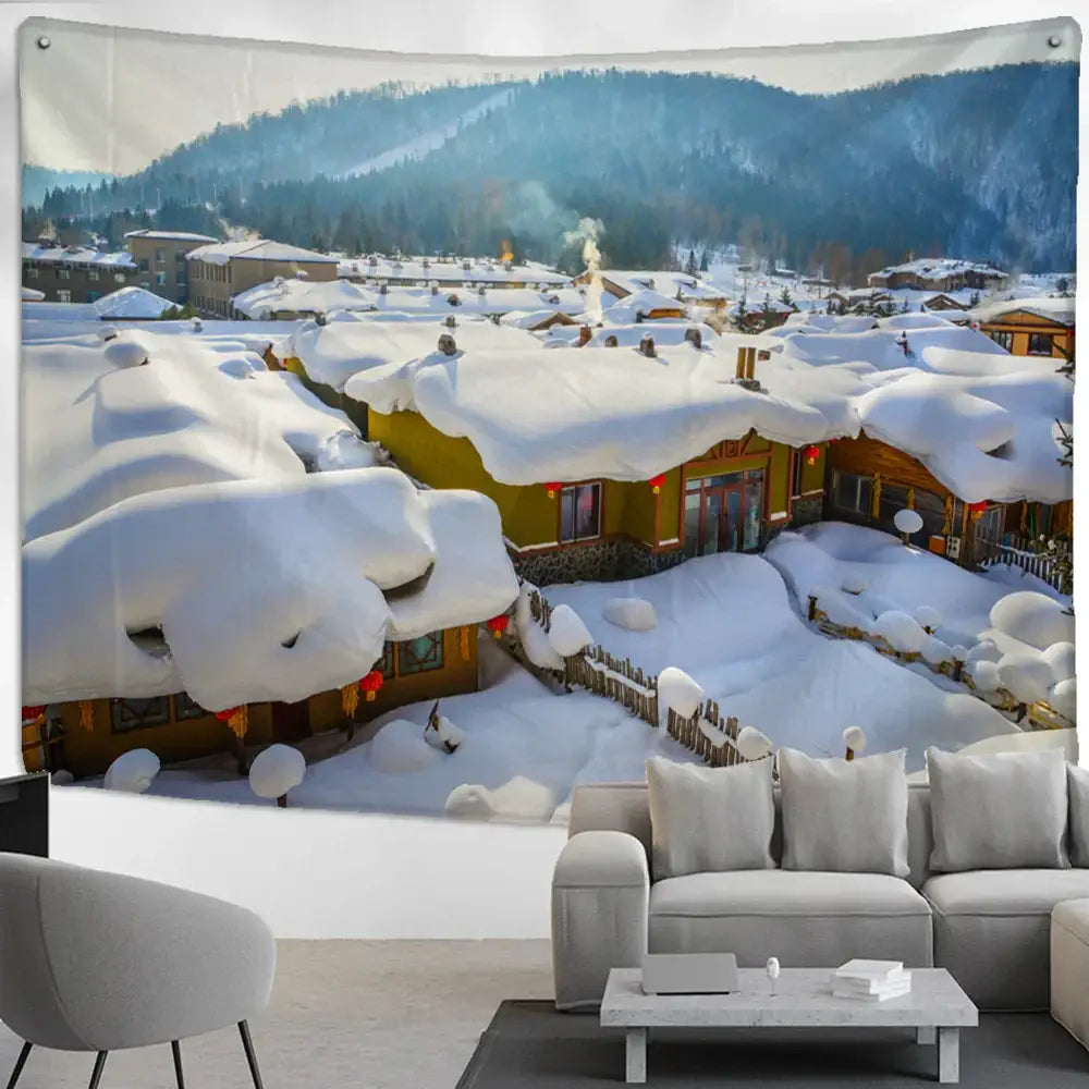 Christmas snow house tapestry – living room landscape wall art