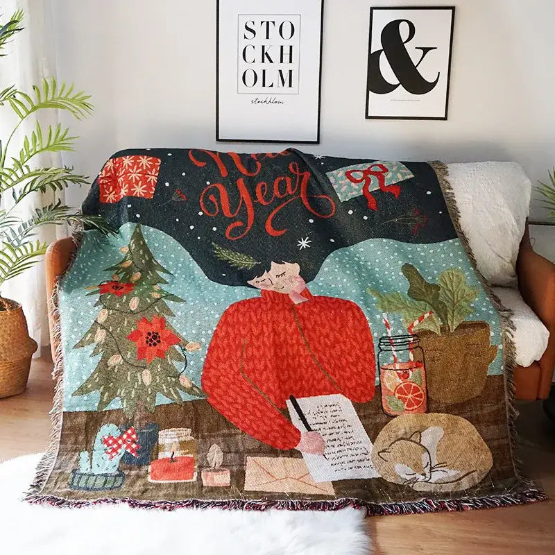 Festive christmas tree dark teal knitted throw blanket living room