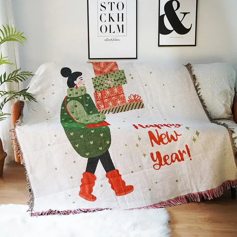 Festive christmas tree dark teal knitted throw blanket living room