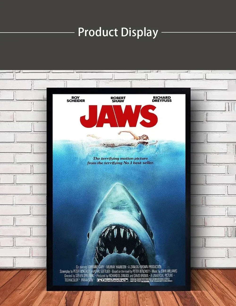 Classic black framed jaws movie poster canvas wall art living room