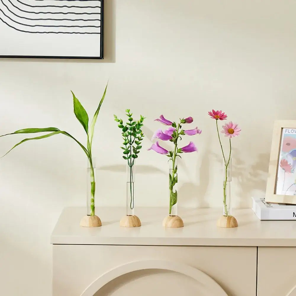 Minimalist wood and plastic test tube vase living room decor