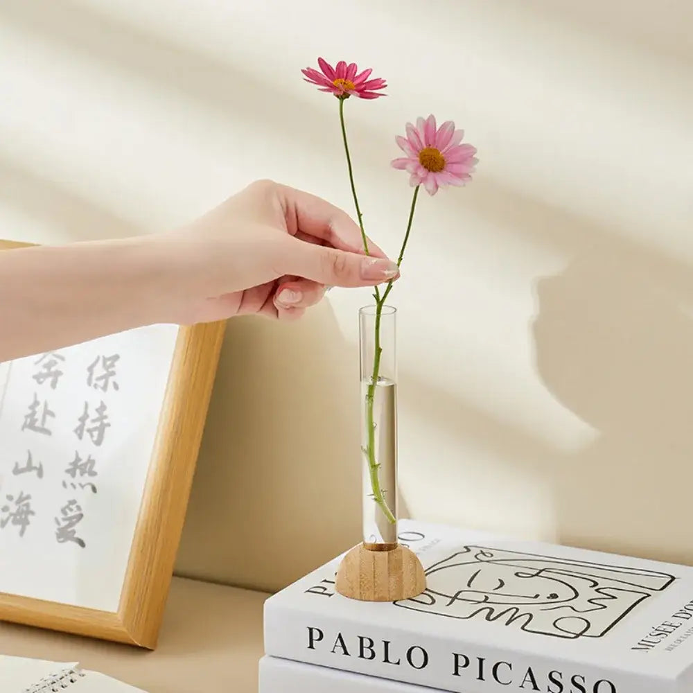Minimalist wood and plastic test tube vase living room decor