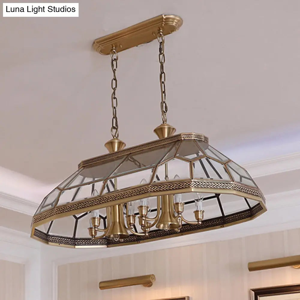 DecorBites™ Colonialist Clear Glass Faceted Living Room Island Light with 12 Brass Hanging Lamp Heads