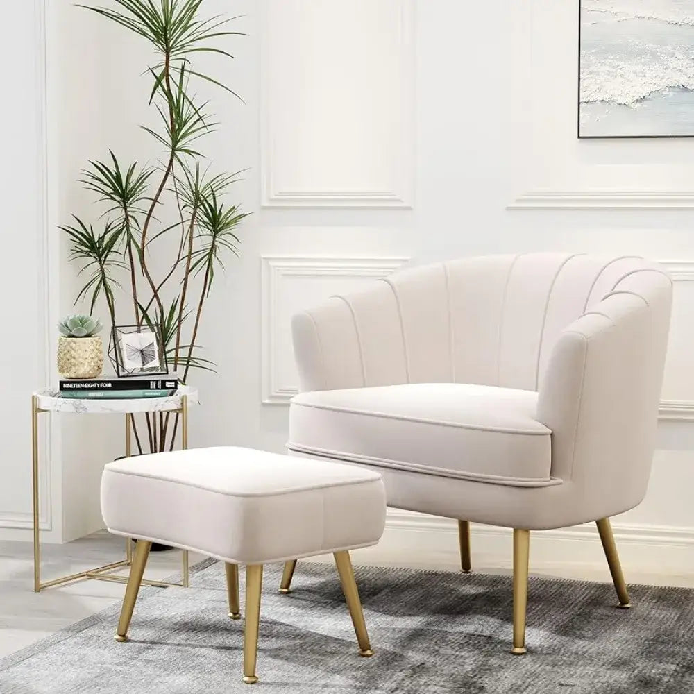 Decorbites comfortable beige bucket armchair and ottoman living room